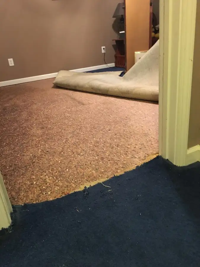 Carpet pad removal revealing water damage during Water Mitigation Services in Elkhorn